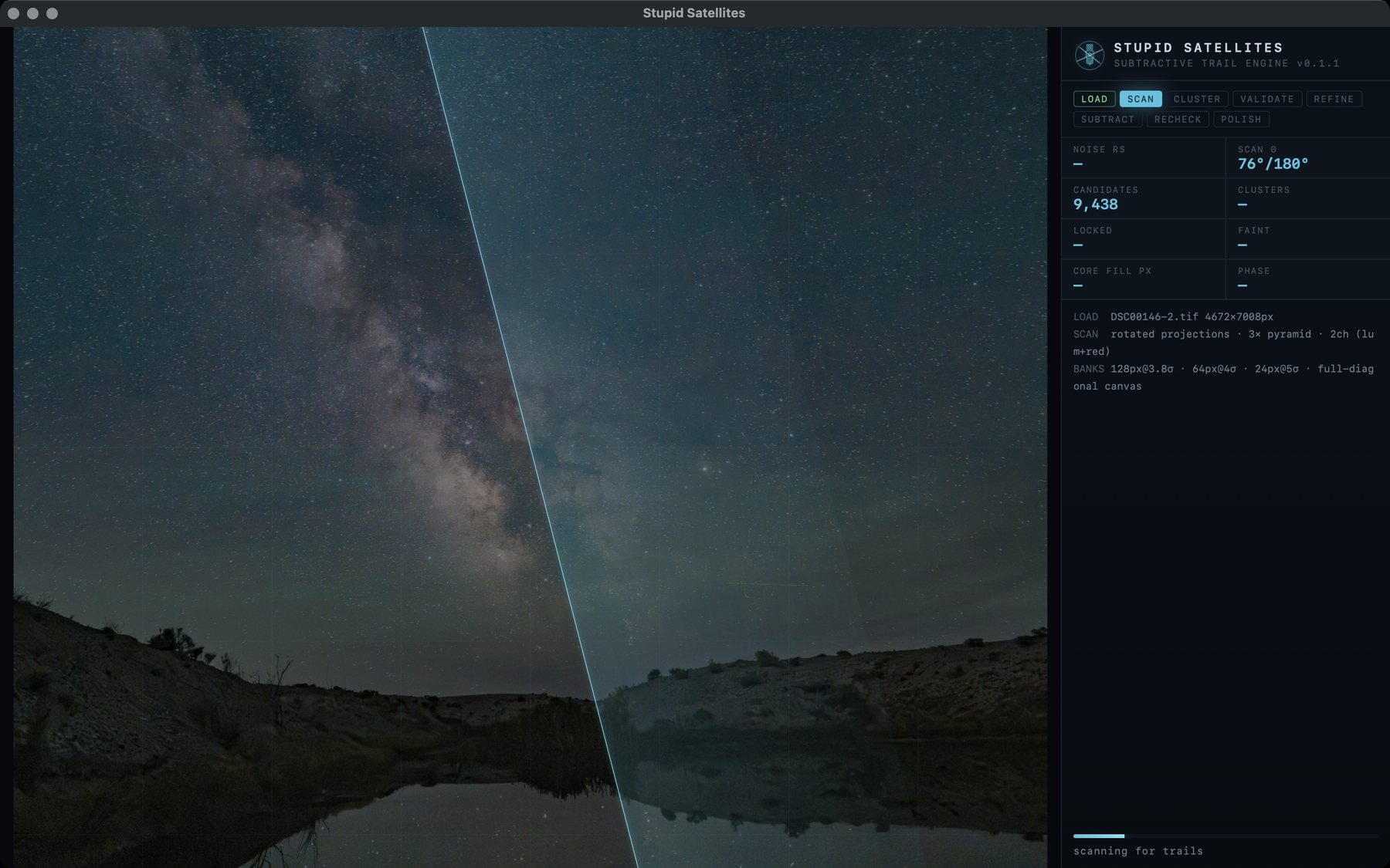 Processing HUD mid-scan: rotating sweep beam over the frame, live candidate count and stage lights in the console