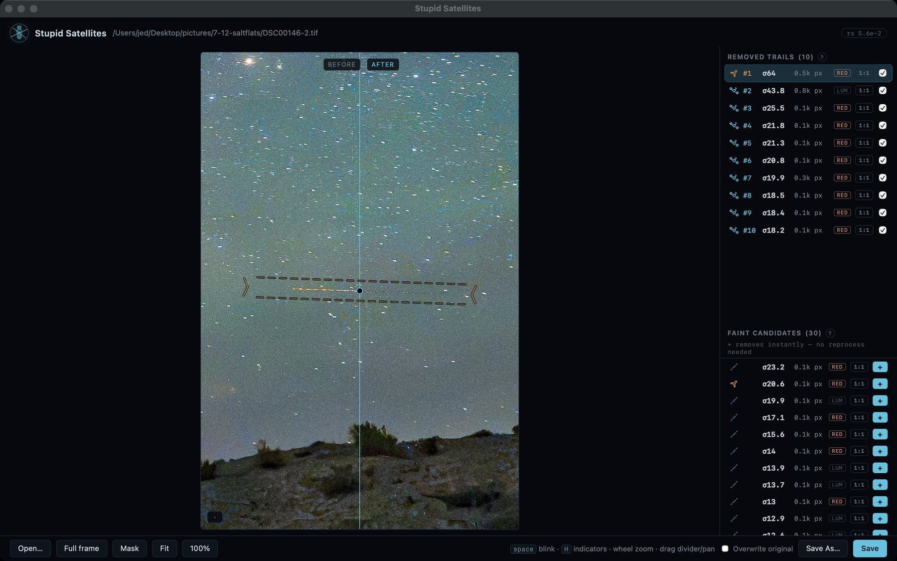 A removed trail inspected at 1:1 — dashed rails bracket the corridor above and below, the starfield inside is intact