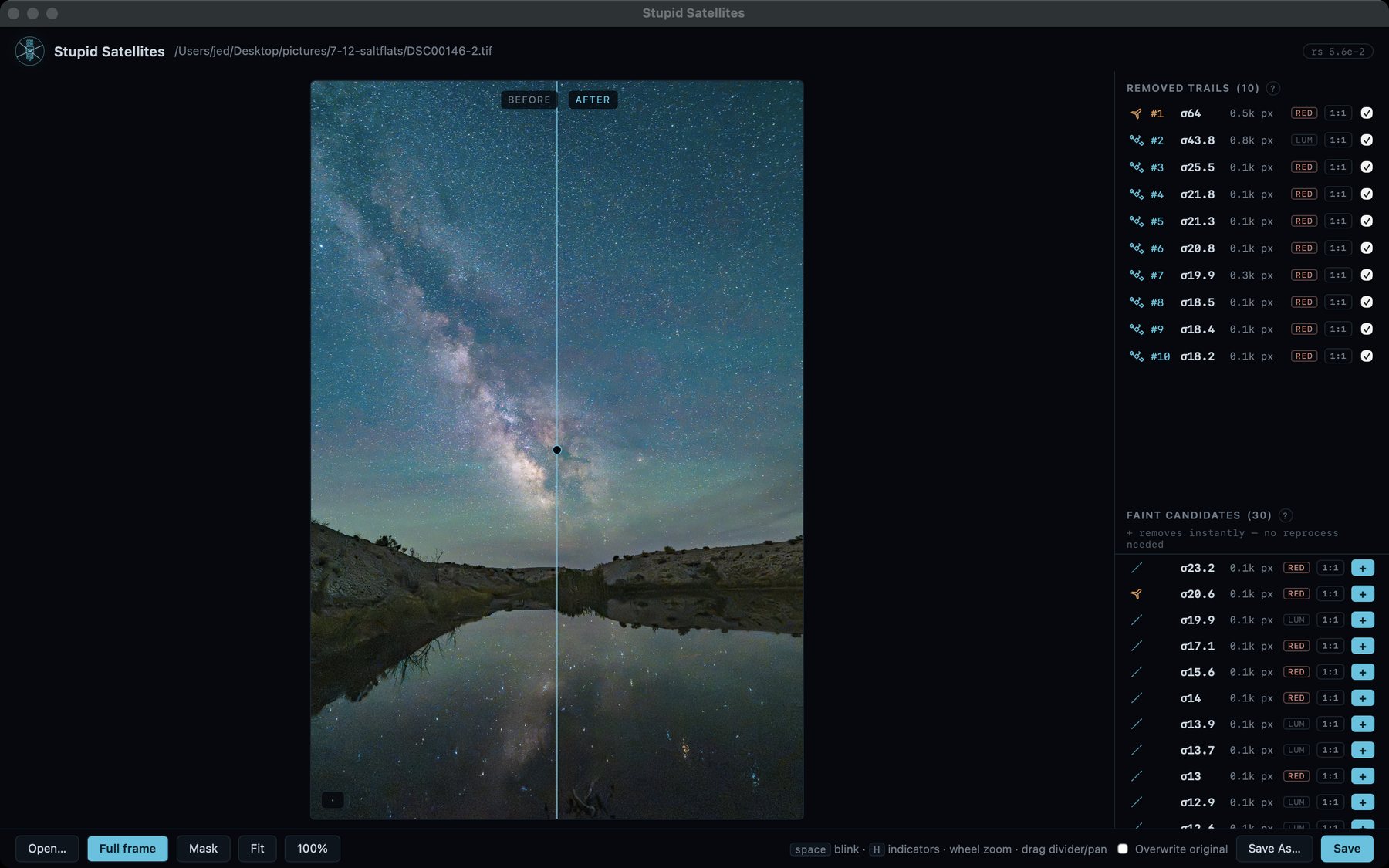 Stupid Satellites review window — before/after divider across a Milky Way frame, with a right-hand list of 10 removed trails (one plane, nine satellites) and 30 faint candidates